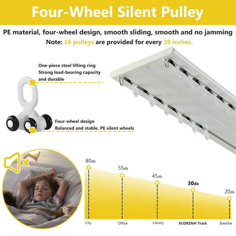 Double Row Curtain Track System With Silent Aluminum Alloy Ceiling Rails For Heavy Duty Drapes, Smooth Sliding, Room Divider For Bedroom Living Room And Hospital, White Finish, 1 Meter Length four-wheel silent pulley track with child sleeping demo