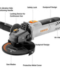 Tough As Nails 4.5 Inch Plug And Play Corded Angle Grinder with safety lock and anti-vibration handle for effective cutting.