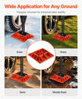 VEVOR High Lift Jack Base And Handle Keeper 11.6 Inch Off Road Support Stand on various terrains like snow, grass, sand, and mud.