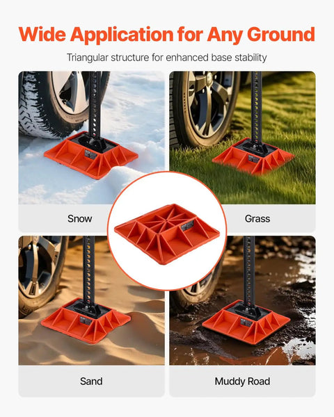 VEVOR High Lift Jack Base And Handle Keeper 11.6 Inch Off Road Support Stand on various terrains like snow, grass, sand, and mud.