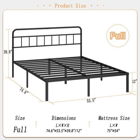 Rock Solid Full Size Bed Frame With Sleek Minimalist Headboard In Matte Black Modern Platform Setup dimensions and measurements.