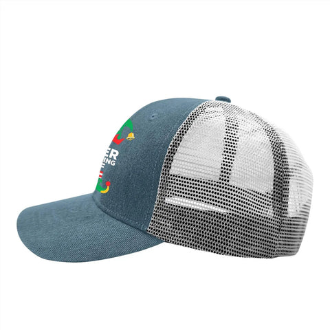 Beer Drinking Elf Funny Women Trucker Cap Sky Blue Adjustable Hat For Running Hiking Cycling And Walking One Size Fits Most With Buckle Sporty Outdoor Headwear side view