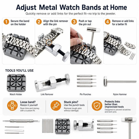 59-Piece Easy-To-Use Watch Repair Kit for Newbies with link removal tools and watch holder for metal band adjustment.