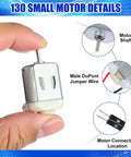 Bulk 50 Pack 130 Mini DC Motors With Wire Leads For Fans Robotics Drones Tiny Electronics Model Cars And DIY Projects 1V To 6V Type 130 Micro Motors Ideal For Hobbyists And Makers details with hand holding motor showing shaft, jumper wire, and connection location.