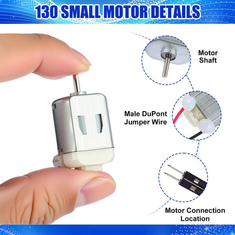 Bulk 50 Pack 130 Mini DC Motors With Wire Leads For Fans Robotics Drones Tiny Electronics Model Cars And DIY Projects 1V To 6V Type 130 Micro Motors Ideal For Hobbyists And Makers details with hand holding motor showing shaft, jumper wire, and connection location.