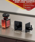 Two Five Pack Heavy Duty Adhesive Hooks That Hold Up To 22lb Self Adhesive Wall Hangers next to a perfume bottle, showing dimensions.