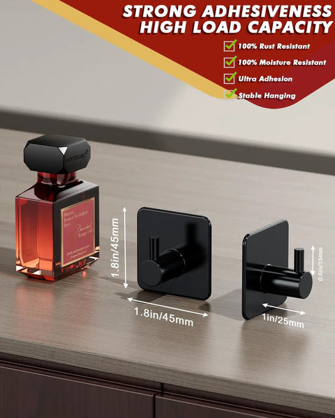 Two Five Pack Heavy Duty Adhesive Hooks That Hold Up To 22lb Self Adhesive Wall Hangers next to a perfume bottle, showing dimensions.