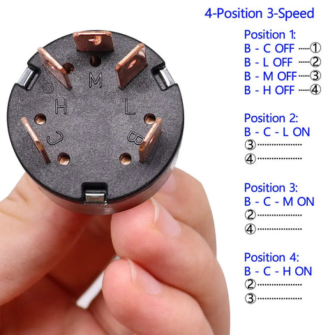 Close-up of 4 Position Rotary Switch For Fans And Heaters, showing connection terminals and positions, Speed Selector Dial F040.