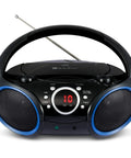 Portable CD Player Boombox with Top-Loading Disc, black finish, blue rims, AM/FM stereo, LED display with "10" showing