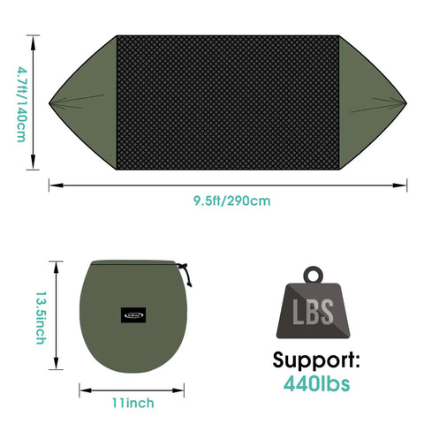 Diagram of Two Person Pop Up Camping Hammock With Mosquito Net Lightweight Parachute Style Hanging Bed dimensions and weight capacity