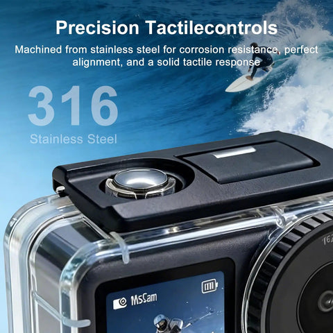 Close-up of controls on Osmo Action 6 Bombproof Waterproof Underwater Housing Case 60M Depth Rated Anti Fog Shield with surfing background.