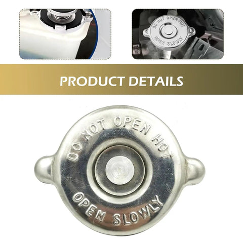 16 PSI Stainless Steel Radiator Cap With Lug Seal Design Heavy Duty Replacement For Most Cars Silver Engine Cooling Cap Leak Proof High Pressure Seal Easy Install Standard Size shown in front view and installed on car radiator