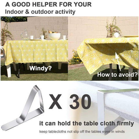 Image showing 30 Packs Tablecloth Clips For Outdoor Tables securing a yellow tablecloth in a windy outdoor setting.