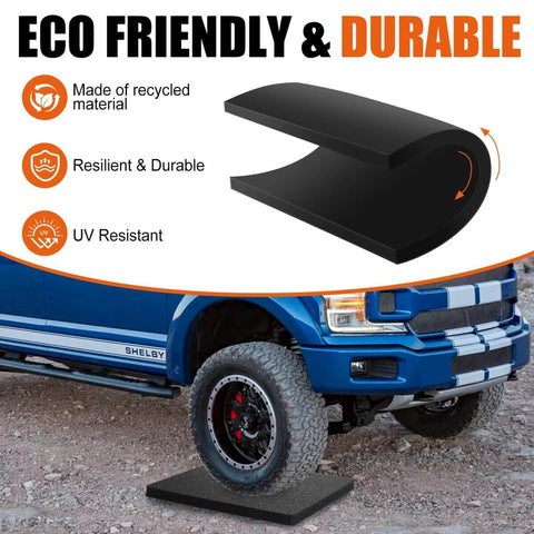 Image showing a Universal Twelve Inch RV Stabilizer Jack Pad Rubber Non Slip Flex Block under a truck tire, made of eco-friendly recycled material.