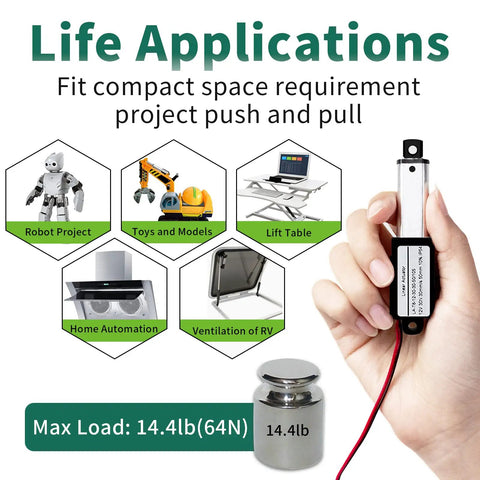 Hand holding Tiny 2 Inch Stroke 12V DC Linear Actuator With Controller Kit 64N, for robotics and home automation projects