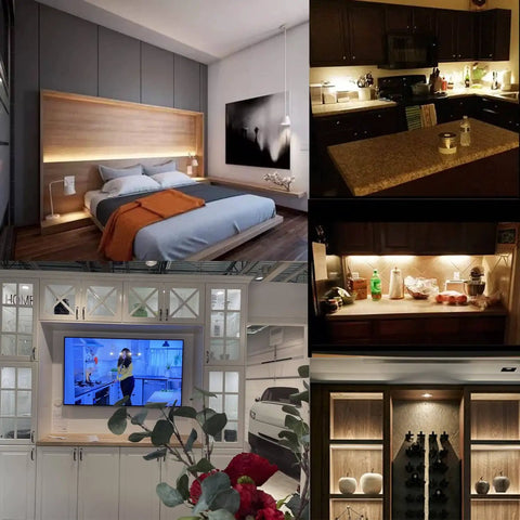 Collage showing a Motion Sensor Light Switch For Closet Lights Proximity LED Automatic Switch For Under Cabinets 12V To 24V DC