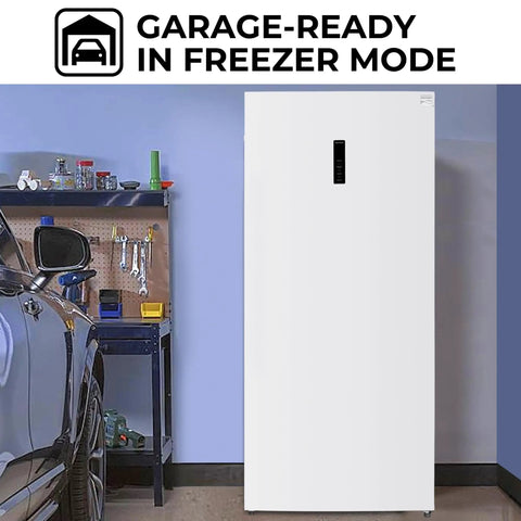 Solid Heavy Duty Workhorse Upright Convertible Refrigerator And Freezer Combo With Twenty One Cubic Feet Garage Ready in freezer mode.