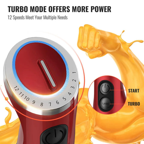 Close-up of red control panel for 5-In-1 Hand Immersion Blender 1000W Copper Motor, showing 12 speed settings and turbo mode.
