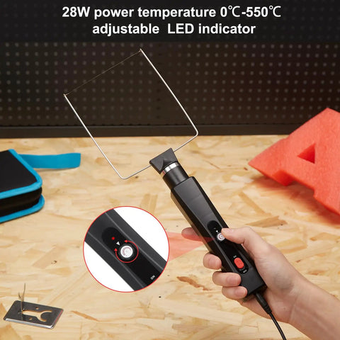 2 In 1 Electric Foam Cutter Pen Kit With Heated Wire And U Shape Tip Styrofoam Carving Knife held over workspace
