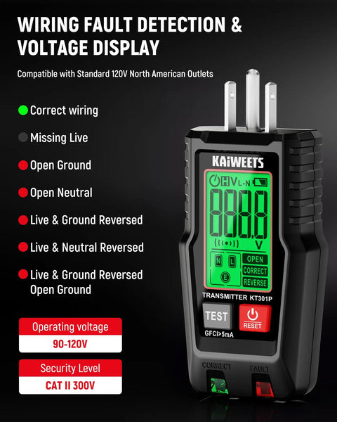 All In One Circuit Breaker Finder With LCD Display, GFCI Outlet Tester And Electrical Tracer Tool With NCV Test KT301P showing voltage levels