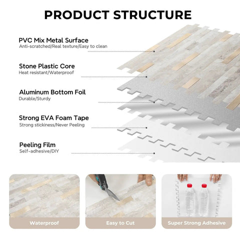 Exploded view of Peel And Stick Backsplash Tiles For Kitchen Beige With Metal Gold Finish 5 Sheets PVC Composite Heavy Duty Adhesive