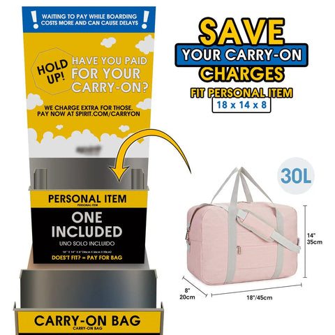 30L Foldable Personal Item Duffel Bag 18x14x8 Inches Pink with size chart and airline carry-on warning, on white background.