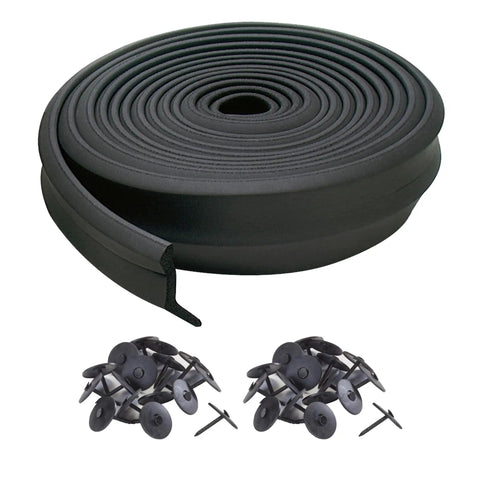 16 Ft Black Rubber Garage Door Bottom Seal with nails included, coiled view, weatherproof draft and moisture barrier