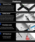 Close-up of features: vacuum hose, safety bezel, precision scale, and 45-degree bevel cut of Solid Little Workhorse Compact Mini Table Saw.