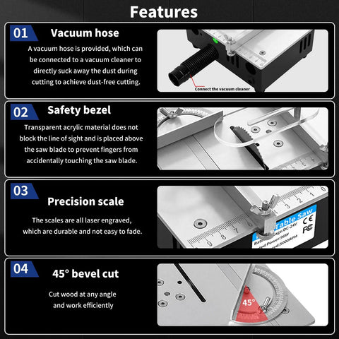 Close-up of features: vacuum hose, safety bezel, precision scale, and 45-degree bevel cut of Solid Little Workhorse Compact Mini Table Saw.