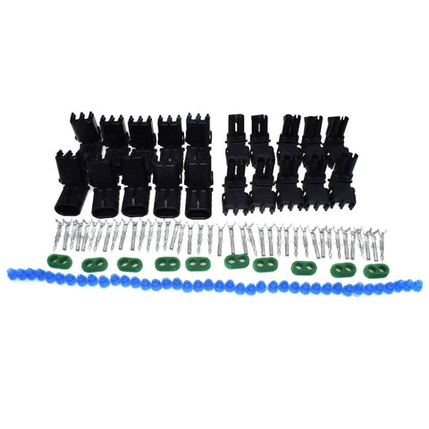 Awesome 10-Piece Two-Way Weather Pack Male And Female Connector Harness Kit For Super Stable Wiring With High Reliability And Easy Install No Docs Needed Just Snap It In And Go. Black connector set with pins, seals, and terminals
