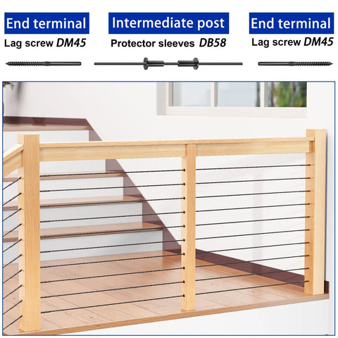 Indoor deck with 100 Pack Cable Railing Protector Sleeves For One Eighth Inch Deck Railing System, wooden posts, T316 stainless steel.