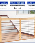 View of wood deck railing with 50 Pack Cable Railing Protector Sleeves For One Eighth Inch Deck Railing System Black Hardware For Wood Posts Stainless Steel Marine Grade T316 Anti Rust Durable Build Made To Stand Up To Indoor Or Outdoor Coastal Use shown in an indoor setting.