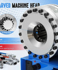 Detailed close-up of the Heavy Duty Pneumatic Hydraulic Hose Crimper machine head, highlighting 8-petal seat design.