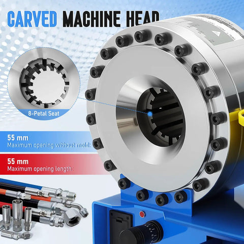 Detailed close-up of the Heavy Duty Pneumatic Hydraulic Hose Crimper machine head, highlighting 8-petal seat design.