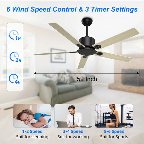 Dope 52 Inch Ceiling Fan With Lights Remote Control in modern living room, displaying 6 wind speeds and timer settings, matte black finish.