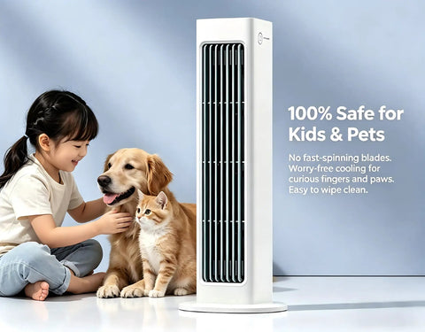 2-In-1 Bladeless Portable Fan And Air Cooler For Home And Office next to child, dog, and cat, demonstrating safety for kids and pets.