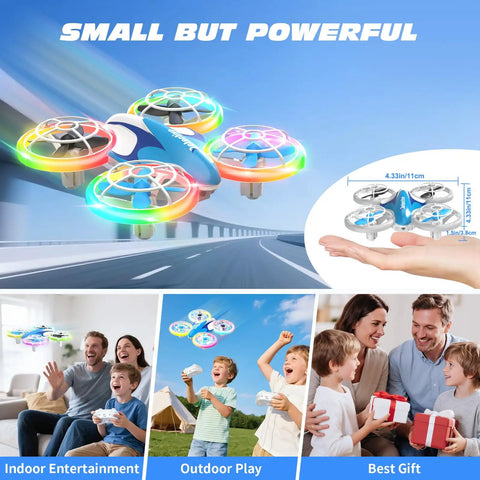 Kids Drone for Beginners with LED Light Show and Safe Propeller Guards in action, showing flight capabilities indoors and outdoors.