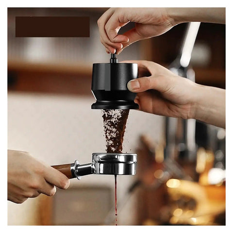 Three Piece Sleek Espresso Powder Receiver Cup And Dosing Funnel Fits 51 54 58Mm Portafilters in use for precise coffee distribution.