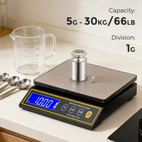 66 Lb Digital Kitchen Scale with Percentage Weighing, 30 Kg Capacity, 1 G Readability, Rechargeable Battery, Big LCD display