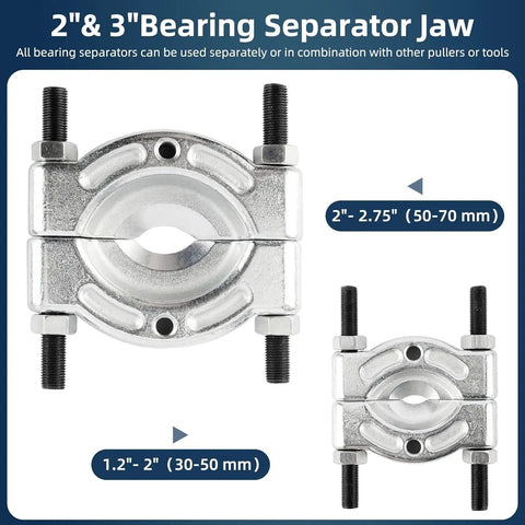 Heavy Duty 12 Pcs Bearing Separator Puller Set With 5 Ton Capacity Gear Splitter Flywheel Removal Tool Kit Gets The Job Done Fast No Sweat On Auto Repairs Or Engine Work Saving Cash By Delivering Pro Results With Ultimate Tool Collection. 2 in and 3 in bearing separator jaws, steel, 30-50 mm and 50-70 mm