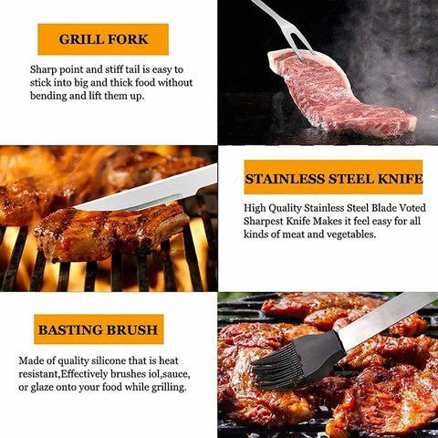 "20 Piece Grilling Accessories Set For Outdoor Barbecue With Apron And Carry Bag Includes Long Spatula Tongs Fork Basting Brush Kabob Skewers Corn Holders Grill Brush And Knife For Dad featuring grill fork and basting brush."