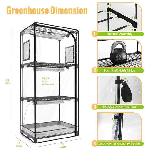 Indoor Greenhouse With Grow Light For Seed Starting, 4-Tier Plant Stand In A Zippered PVC Tent With Vent Window And Bottom Pouch, 20W Full Spectrum Light With Timer, Sturdy Metal Frame, 27L X 19W X 59H