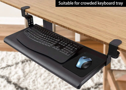 Tiny 6 By 8 Inch Mouse Pad For Laptop And Travel on a pull-out keyboard tray with a keyboard and mouse