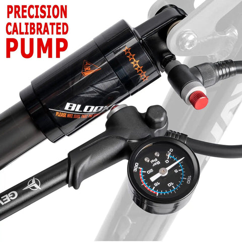 High Pressure Shock Pump For Mountain, Road Bikes And Motorcycles With Gauge, 300 Psi Capacity close-up showing gauge details.
