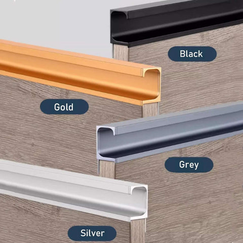 Black Aluminum Cabinet Handles G Type Pulls Concealed Door Knobs Finger Edge Pulls in four colors on wood panel