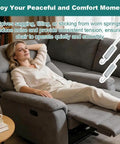 Solid 5 Inch Recliner Spring Replacement Set For Couch And Chair Mechanism Fix No Sweat Tension Coil Extensions With Secure Hook For Furniture Refresh And Comfort, woman relaxing on recliner with springs shown.