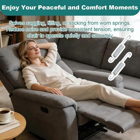 Solid 5 Inch Recliner Spring Replacement Set For Couch And Chair Mechanism Fix No Sweat Tension Coil Extensions With Secure Hook For Furniture Refresh And Comfort, woman relaxing on recliner with springs shown.