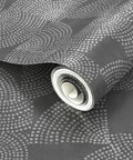 Top Shelf Sleek Silver Metallic Wallpaper Featuring Bold Geometric Dots And Textured Fibrous Finish With Paste The Wall Application For A Straight Up Dope Indoors Accent Wall Made In Usa, close-up of rolled wallpaper.