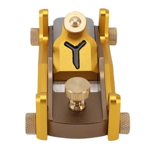 Rock Solid Aluminum Short Planer For Fine Woodworking, top view of adjustable low angle hand plane with precision knobs.