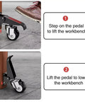 Tough As Nails Workbench Caster Kit Set Of 4 Features retractable step down swivel wheels in use for lifting workbench.